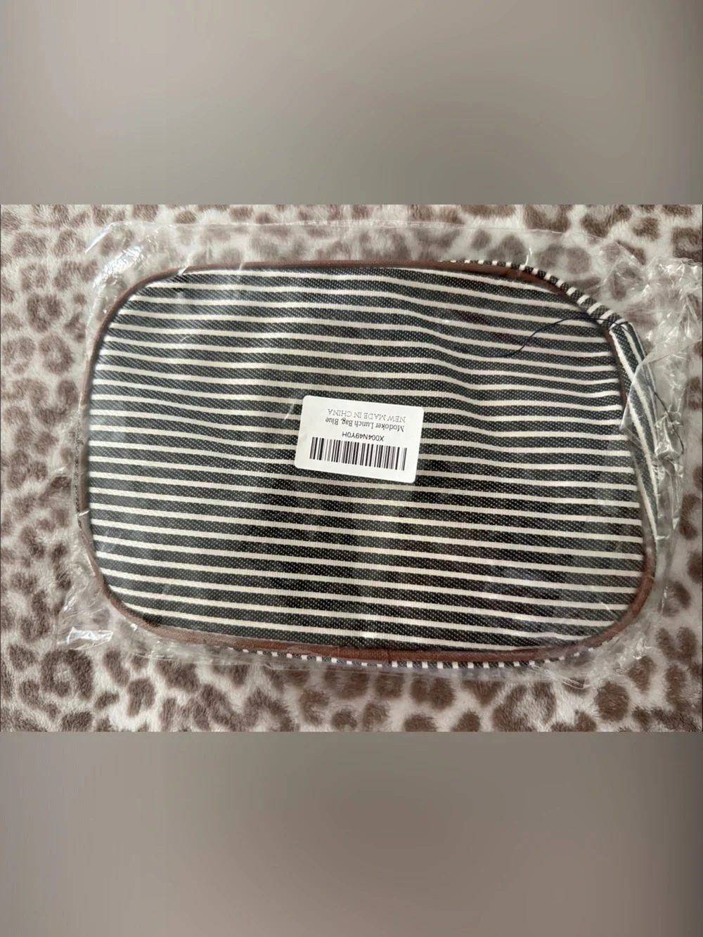 Striped Travel Pouch — Navy & White and Brown